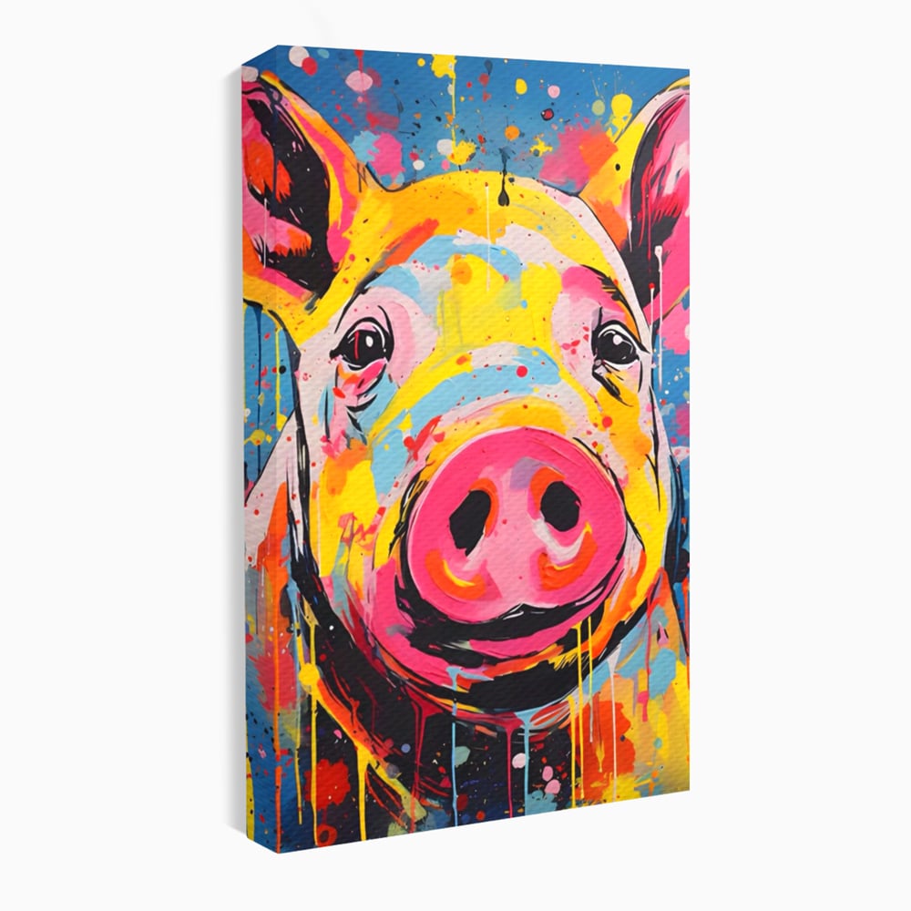 Tablou canvas cu tablou canvas portret de porc colorat, fara rama, pe sasiu de lemn